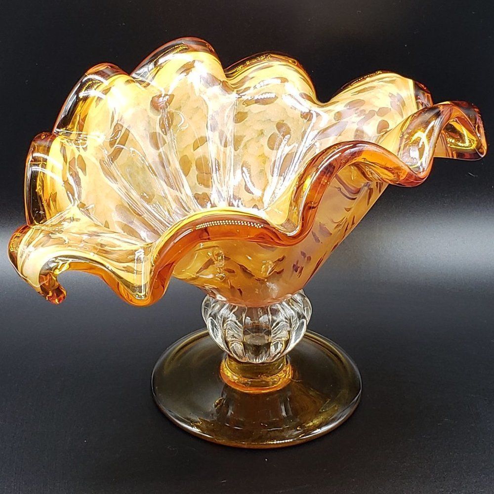 Murano Style Art Glass Amber Ruffled Console Bowl/Centrepiece